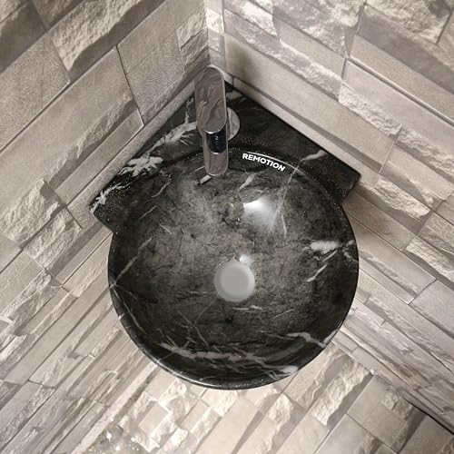 Image of REMOTION Wall Mounted Wash Basin for Bathroom | Wall Hung Corner Sink | Ceramic Round Wall Hung Wash Basin | Wall Hung Small Corner Basin (16.3 x 13.8 x 4.3 Inch) (Designer Black White)