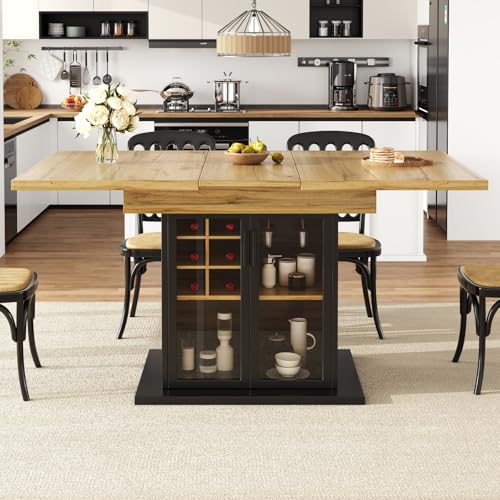 YEHTOKHOME Table à Manger Extensible 4-6 Personnes, Table de Cuisine Rectangulaire avec Rangement Vin, Porte Verre Trempé Soft-Close, pour Petits Espaces,...