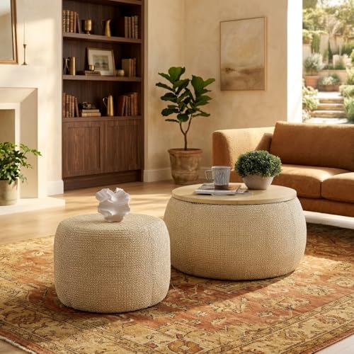 KEIKI Round Storage Coffee Table Ottoman Woven Rattan Fabric 2-in-1 Hidden Storage Center Table with Removable Seat Modern Living Room Coffee Table for Small Space Apartment Bedroom Khaki