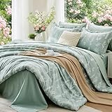 MUXHOMO Queen Comforter Set 7 Pieces, Sage Green Bed in a Bag Queen Reversible Botanical Flowers Design, Ultra Soft & Breathable Bedding Sets with Comforter, Sheets, Pillowcases & Shams