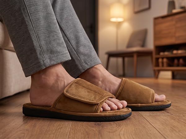 Image of Men's Open Toe Slippers, 60D Memory Foam Indoor Slip on All-Season Wear | Adjustable Strap, Luxurious Suede Upper, Machine Washable, Gift, Moisture-Wicking Coral Fleece Lining