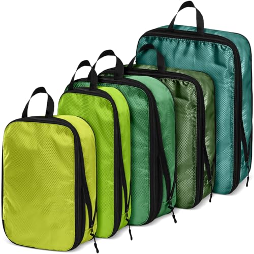 5 Pack Compression Packing Cubes for Travel Space Saving Travel Cubes for Suitcase Backpack Compressible Waterproof Luggage Organizer for Business Vacation Daily Use(Green,Mixed)