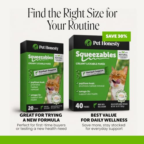 Image of Cat Hairball Remedy Lickable Treats - Squeezable Puree Pouches for Hairball Treatment, Furball Relief Control Supplement with Fiber and Fish Oil for Indoor Cats, Skin + Coat, Digestion (Salmon, 20 Ct)