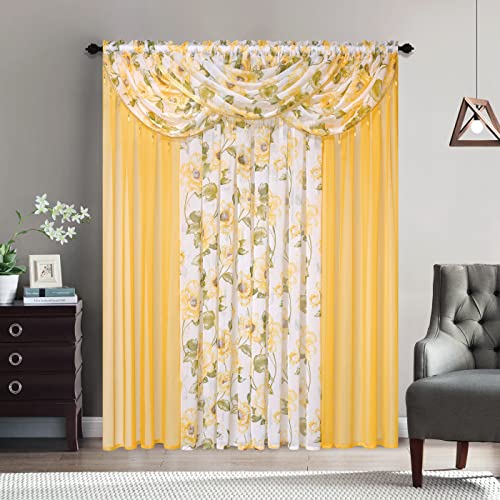 Sapphire Home Floral Sheer Curtains - Multicolor Flower 4 Panels Set with 3 Valances, 54" x 84", Privacy Voile Window Curtains for Living Room, Bedroom, Kitchen, Dining Room - Sandy/Yellow