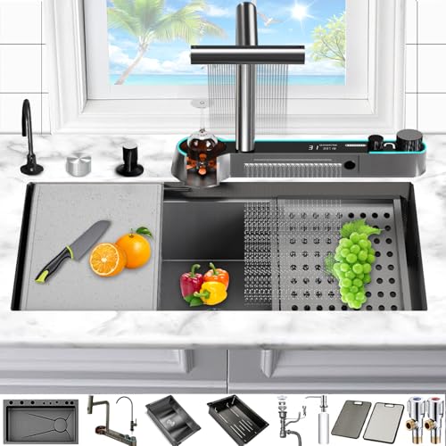 Kitchen Sink, 33X22 Inch Drop In Waterfall Modern Sinks Workstati...