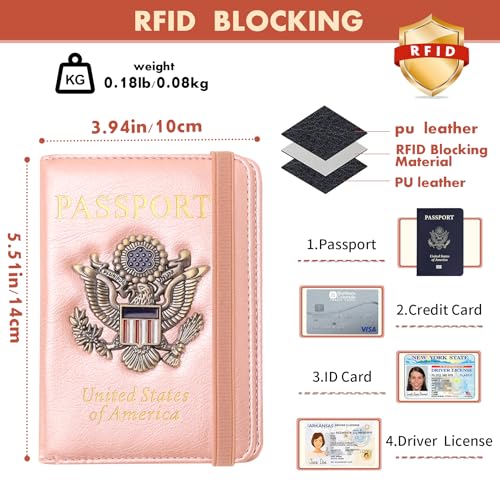 Image of Passport Holder Cover Travel Wallet RFID Blocking Passport Wallets Family Organization Personalized Wallet Case for Men and Women Travel Must Haves(Rose gold)