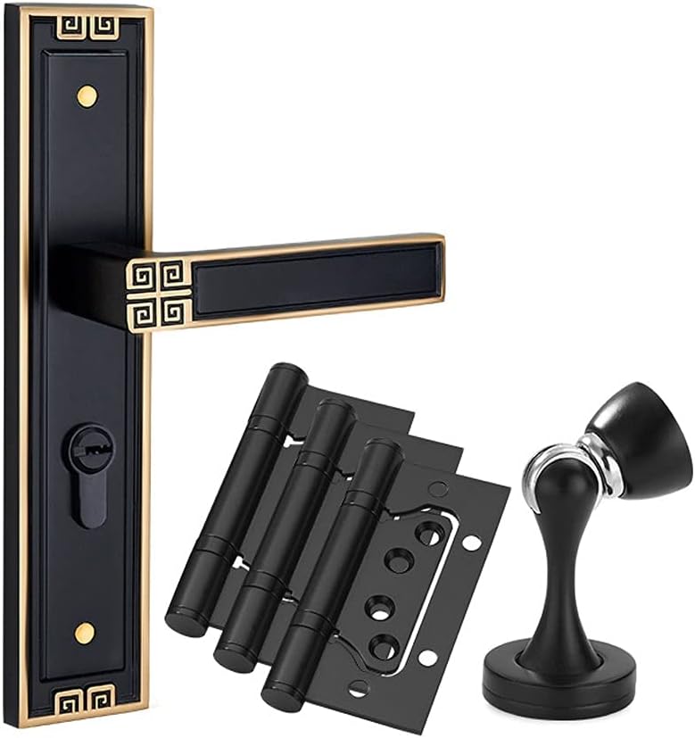 Door Knob Lever Pure Brass Lock Retro Door Lock Door Levers Indoor Door Handle for All Kinds of Wooden Doors/with Key Door Lock with Handle (Color : Black+3 Pack sub Hinge)