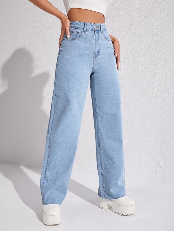 Image of DEELMO Women's High Waist Wide Leg Denim Jeans for Women | Straight Fit Full Length Casual Wear Pants