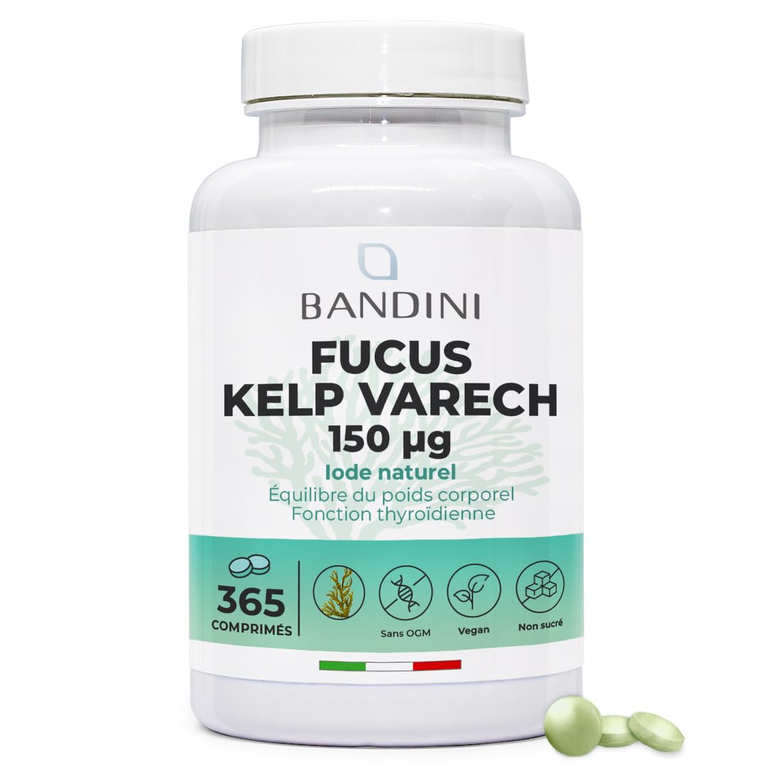 Bandini® Fucus Algue Varech (Iode Naturel) - 365 Comprimés 150 mcg d'Iode issu d’algues brunes (Couverture 1 An) - Standardisé à 0,1% en Iod - Métabolisme Énergétique, Ongles et Cheveux - Sans OGM