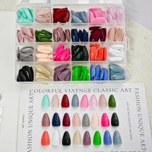 Image of 24 Colors Press on Nails Short Almond Fake Nails Pure Color Glue on Nails Reusable Artificial Acrylic Nail Solid Color Full Cover False Nails Glossy Stick on Nails for Women Manicure 576Pcs