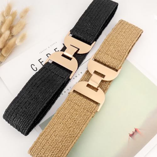 LIMHOO Women's Straw Woven Elastic Waist Belt Boho Braided Belt Wide Stretchy Waist Belt3