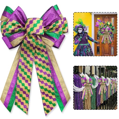 Large Mardi Gras Bow for Wreath, Elegant Glitter Mardi Gras Wreath Bow, Large Mardi Gras Tree Decorations Fat Tuesday Ornaments for Front Door Home New Orleans Party Decorations - Style F