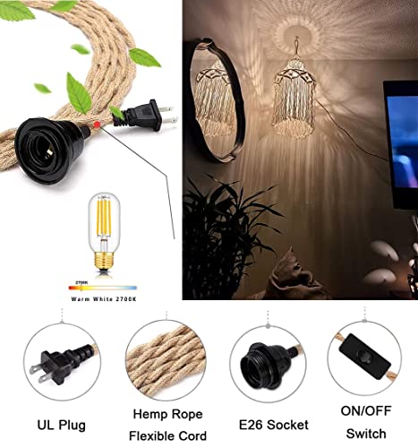 Qiyizm Boho Plug In Pendant Light Hanging Lights With Plug In Cord，Hanging Lamp With Handmade Macrame Lamp Shade And Hemp Rope Plug In Chandelier Light For Boho Bohemian Decor Bedroom Living Room #TOP1