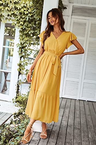 PRETTYGARDEN Women's Summer Floral Boho Maxi Dress Wrap Short Sleeve V Neck Ruffle A-Line Flowy Wedding Guest Long Dresses