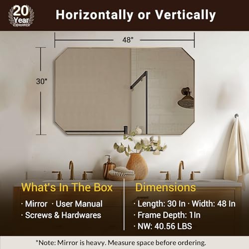 Image of ANDY STAR Gold Octagon Bathroom Mirror, 30x48 Inch Stainless Steel Metal Frame, Anti-Rust, Shatterproof HD Glass, Wall Mounted for Bathroom, Bedroom, Living Room