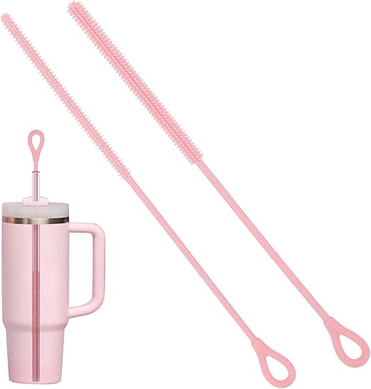 2Pcs Silicone Straw Cleaner Brush, 9.84in Reusable Straw Cleaner with Bendable Steel Core, Extra Long Soft Bottle Brush for Clearing Glass Straws, Smoothie Straws, 9mm&6mm (Pink)
