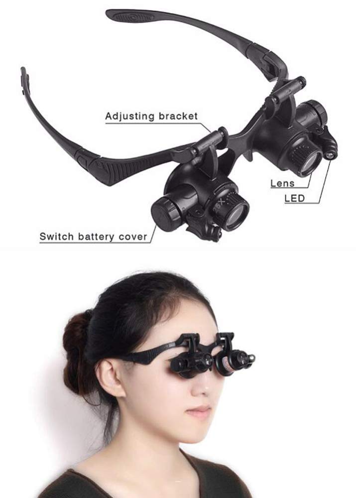Brillenlupenkopf mit Vergrößerungsbrille, Headset, beleuchtetes LED-Lupenlicht mit 10-facher, 15-facher, 20-facher, 25-facher Vergrößerungslinse (Farbe: A) charitable