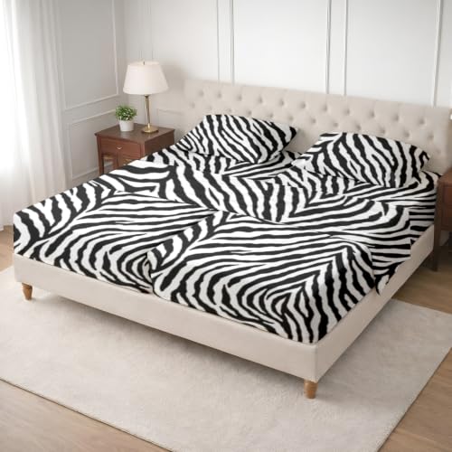 Image of SGI Split King Sheet Set for Adjustable Bed Egyptian Premium Cotton 600 Thread Count Sheets for Sleep Number Bed 15 inch Deep Pocket 5 Pc Set with 2 Twin XL Fitted Sheets Soft Breathable -Zebra Print