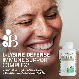 Bronson L-Lysine Defense Immune Support Complex 1500 MG L-Lysine Plus Olive Leaf, Garlic, Vitamin C and Zinc - Non-GMO, 180 Vegetarian Capsules
