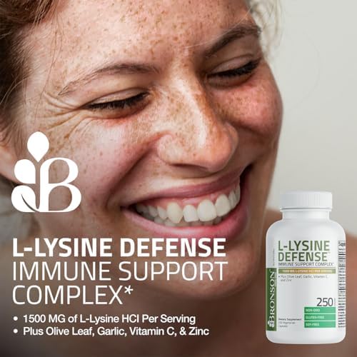 Image of Bronson L-Lysine Defense Immune Support Complex 1500 MG L-Lysine Plus Olive Leaf, Garlic, Vitamin C and Zinc - Non-GMO, 180 Vegetarian Capsules