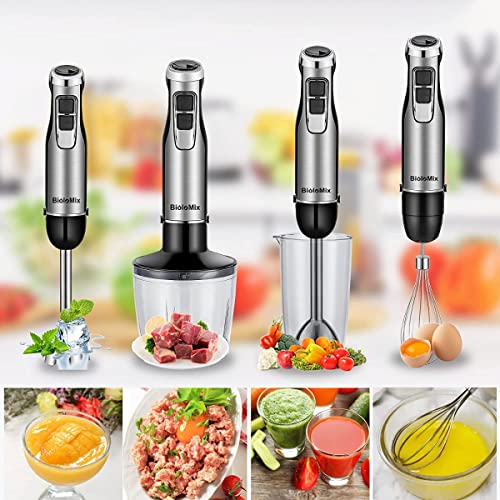 Image of BioloMix Stainless Steel Hand Blender, 800 Watt Immersion Blender set | 6 Speeds, immersion blender handheld with 500 ml Measuring Cup and 600 ml Jug, Whisk