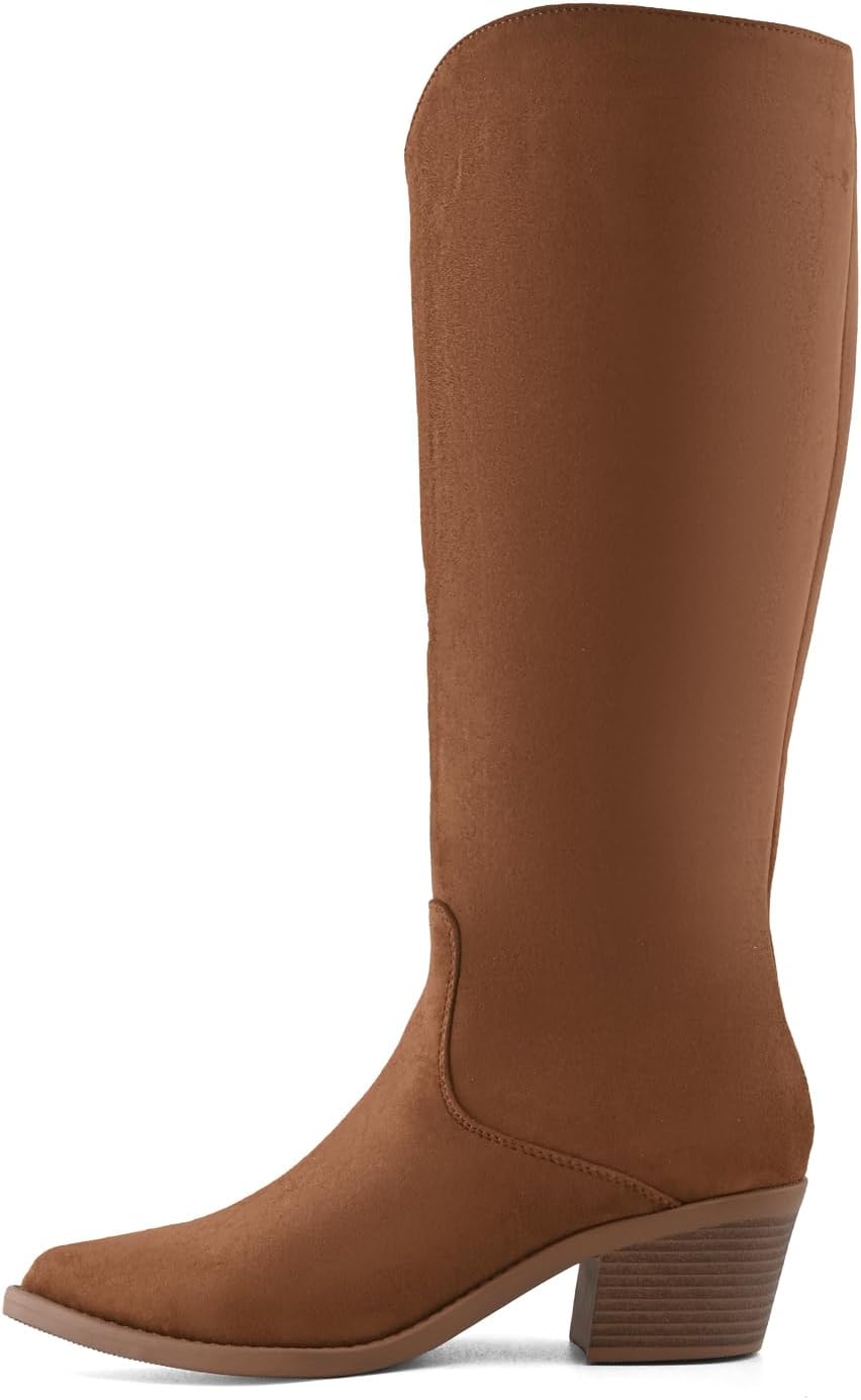 Knee High Boots for Women Cowboy Suede Pointed Toe Tall Mid Stacked Chunky Block Heeled Side Zipper Western Cowgirl Boots