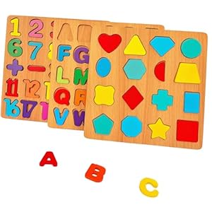 3PCS Wooden Alphabet, Number & Shape Puzzles for Toddlers – Educational Learning Toy (Choose from 3 Combinations) (Alphabet, Number & Shape)