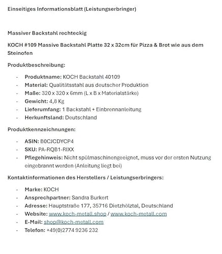 KOCH #109 Massiver Backstahl 32 x 32cm perfekte Pizza & Brot wie aus dem Steinofen - Burger + Steaks vom Grill - 6mm Stärke - 4,8 KG - kompatibel mit Unold Luigi, Backofen & Grill - Bonus: Stofftasche