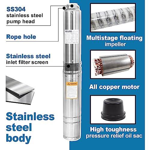 WASSERMANN 4" Deep Well Submersible Pump with 10FT Cable, 1HP, 230V/60HZ, 33GPM, 190FT Head, Stainless Steel Submersible Well Pumps Borehole Water Pump for Home, Factories, Irrigation, Farmland by wassermann - Image 3