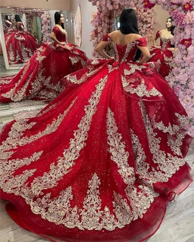 Zhangyo Off Shoulder Quinceanera Dresses Puffy Tulle Sweet 15 16 Dresses Gorgeous Gold Applique Ball Gown2