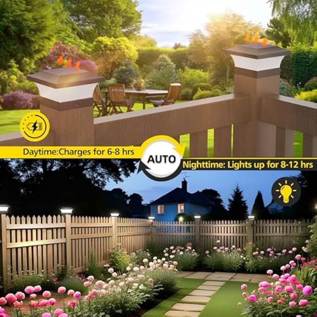 T-SUN Solar Post Lights, Waterproof Outdoor Solar Post Cap Lights for 4X4 Wooden Posts, 6000K Cool White LED Lighting, Deck, Patio Garden Decor or Fence(2 Pack)