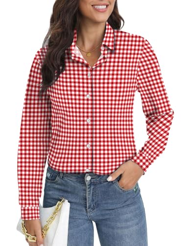 COUXILY Weiche, faltenfreie Stretch-Hemden mit Knopfleiste für Damen, atmungsaktiv, feuchtigkeitsableitend, lässig, Arbeitskleid, Tops, kariert rot,...