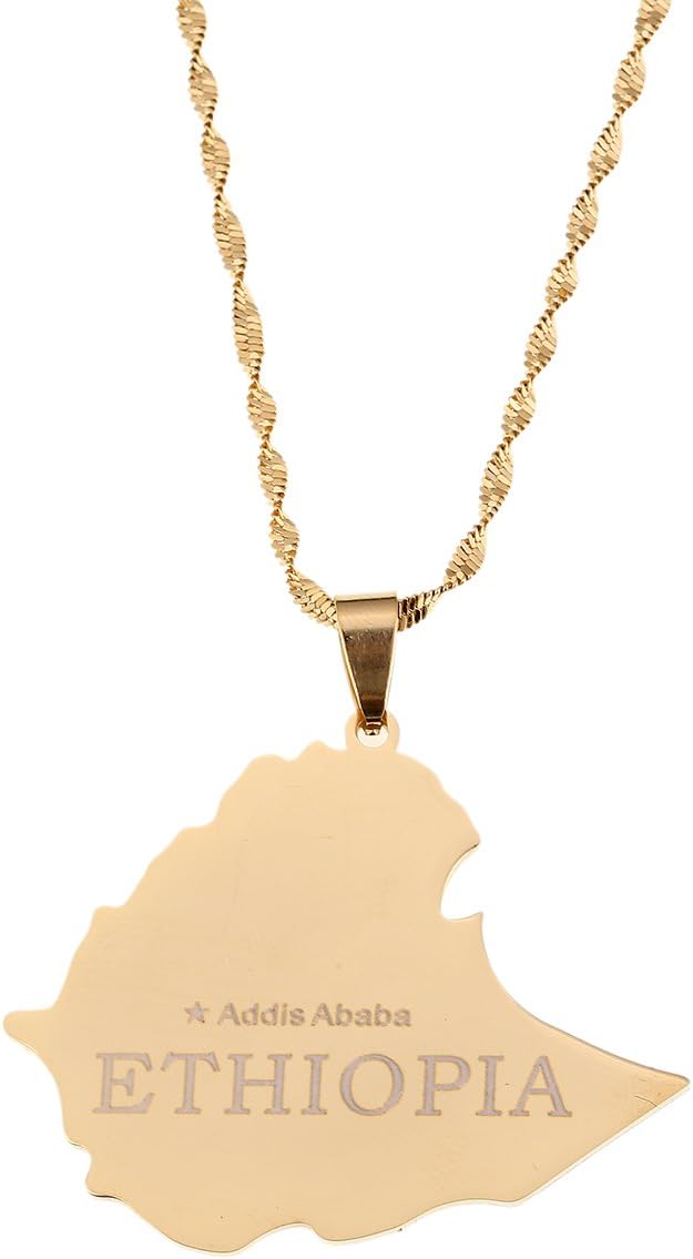 Stainless Steel Map of Ethiopian Pendant Necklace Earring Set Africa Gold Chain Necklace Map Jewelry