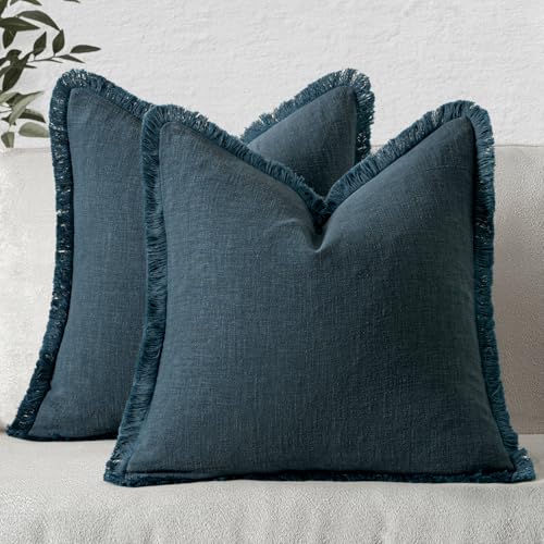 Image of MIULEE Decorative Throw Pillow Covers Neutral Linen Fringe Throw Pillows Euro Shams Set of 2 Navy Blue Boho Farmhouse Cushion Covers for Couch Sofa Bed Living Room Spring Home Decor 24x24 Inch