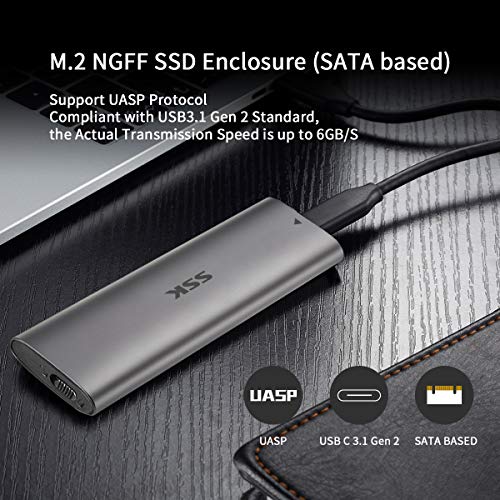 Ssk Aluminum Tool-Free M.2 Sata Ssd Enclosure Reader Usb 3.2 Gen 2(6Gbps) Type-C External Ssd Adapter Support Uasp Trim For M2 Sata Ngff 2242/2260/2280 Ssd With B Key/B+M Key(For M.2 Sata Ssd Only) #TOP1
