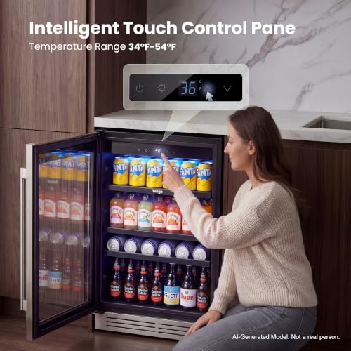 Image of Yeego Beverage Refrigerator Cooler - 24 inch 180 Cans Mini Fridge with Glass Door, 34-54 ℉ Under Counter Refrigerator Built-in for Wine Beer Soda for Bar Bedroom Office(Left-Hinged)