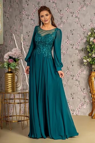 Long Sleeve Chiffon Mother of Bride Dresses for Wedding Lace Applique Mother of The Groom Formal Evening Gowns4
