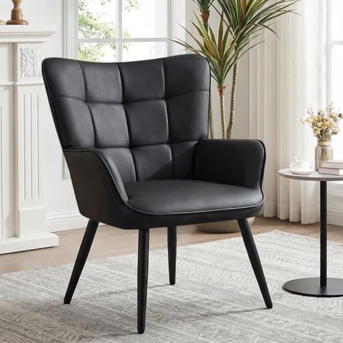 Ckaff Ohrensessel Sessel Wohnzimmer, Skandinavischer Stil Ohrensessel aus PU-Kunstleder, Schminktisch Stuhl Esszimmerstuhl, Loungesessel Polstersessel fürs Wohnzimmer Schlafzimmer, Schwarz