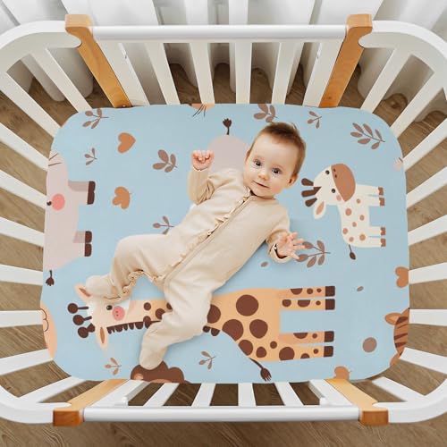 Image of Lion Giraffe Cow Pattern Crib Sheets Stretchy Portable Sheets for Baby Toddler Breathable Soft Crib Mattress Sheet for Girls Boys