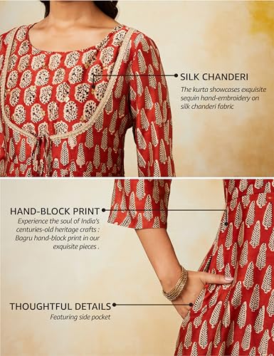 Image of Amazon Brand - Myx Women's Silk Chanderi Handblock Printed Authentic Kurta Set with Dupatta (Anarkali | Bagru Print) (Available in Plus Sizes)