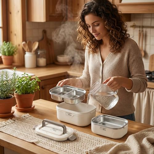 Image of Lunch Box for Office & School, Leakproof Double-Layer 304 Stainless Steel Bento Lunch Box with Removable Inner Tray, Microwave Safe, 1600ML, Cream