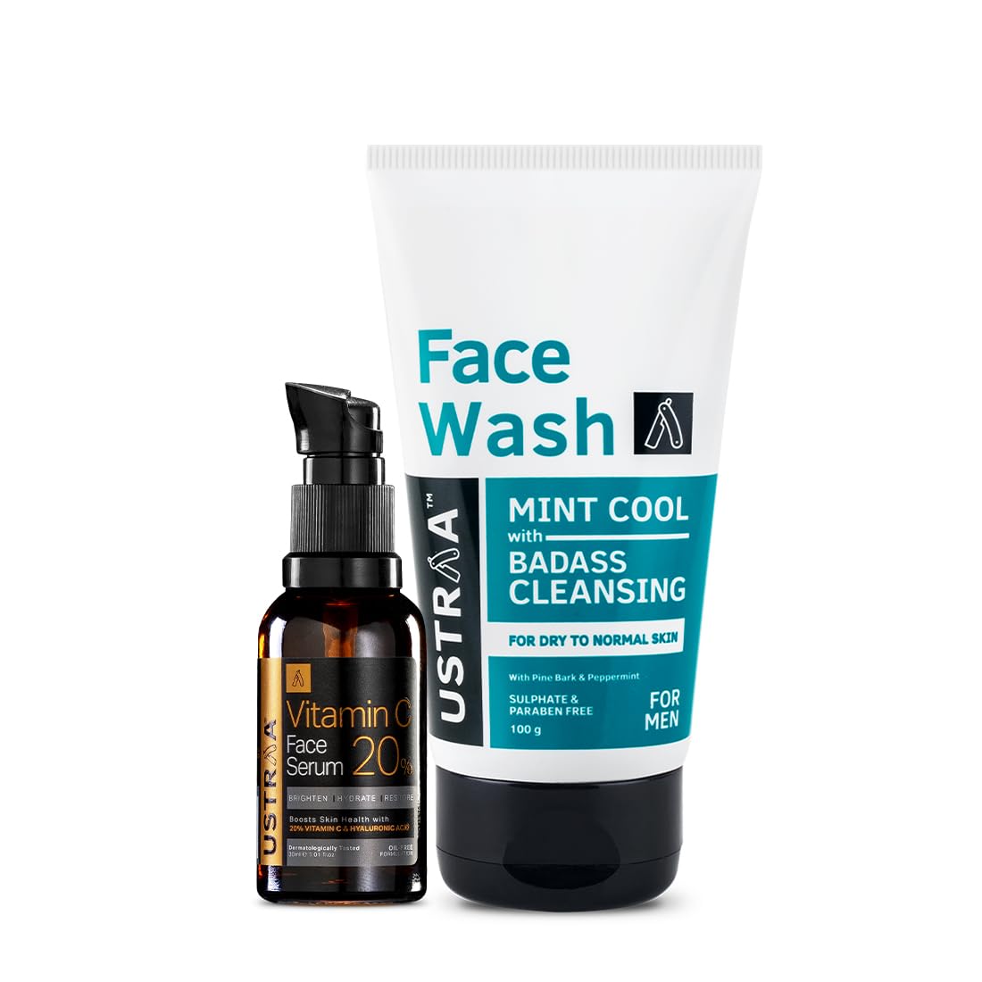 Ustraa 20% Vitamin C Face Serum - 30ml | 20% Vitamin C in Pure form | Anti-Aging, Brightening & Face Wash - Mint Cool - Dry Skin - 100g | Reduces Moisture Loss | Removes Dirt & Moisturising Cream