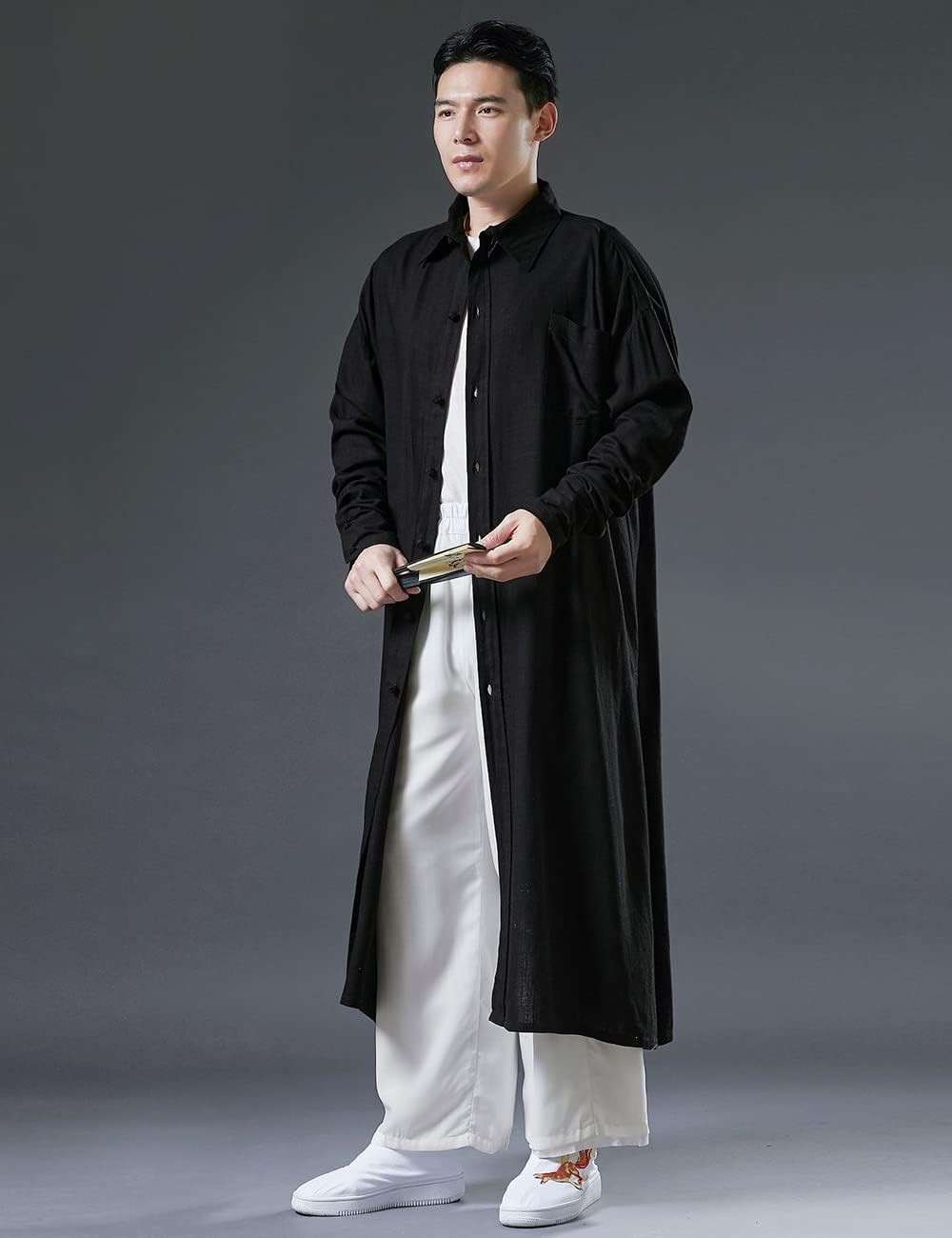 Ystylee Men Lightweight Cotton Linen Lapel Shirt Trench Coats Loose Button Up Pockets Long Length Shirt Jacket Shacket