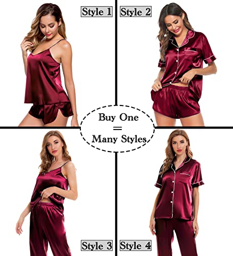 Image of SWOMOG Womens Silk Satin Pajamas Sets 4pcs Sleepwear Sexy Cami Shorts Set and Button Down Short Sleeve Pjs Loungewear Wine Red X-Small