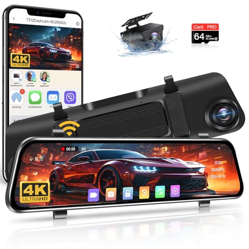 【WiFi】4K Rückfahrkamera Spiegel 12 Zoll Spiegel Dashcam mit Rückfahrkamera mit 64G-Karte Dashcam Auto Vorne Hinten 170° Weitwinkel Auto Kamera mit WDR Nachtsicht G-Sensor für DC12-24V Auto SUV Pickup