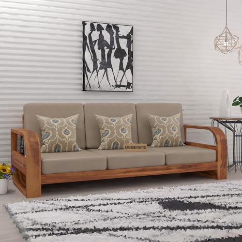 Image of Wooden 3 Seater Sofa Set for Living Room|Three Seater Sofa for Office & Lounge|3-Person Sofa Sets for Home|Sheesham Wood (3 Seater,Honey)