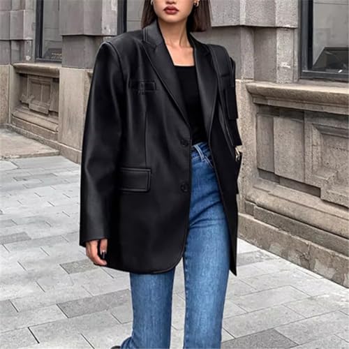 Autumn Black Brown Soft Pu Leather Blazer Women Shoulder Pads Long Sleeve Single Breasted Loose Casual Coat4