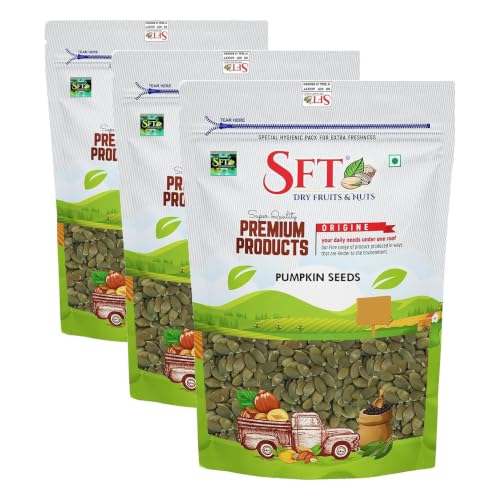 Image of SFT Pumpkin Seeds, 1 Kg, Rich in Protein, Dietary Fibre, Magnesium & Phosphorus, Raw & Unroasted Pumpkin Seeds, Source of Iron & Zinc, Handpicked Seeds, Resealable Pack (Pack of 3)