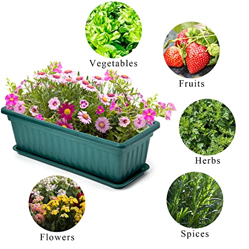 Fasmov 7 Pack 17 Inches Flower Window Box Plastic Vegetable Planters With Trays Vegetables Growing Container Garden Flower Plant Pot With 7 Pcs Plant Labels For Balcony, Patio, Garden, Green #TOP5