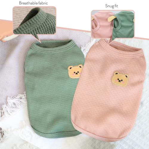 Bieiyhe 2er Pack Haustierkleidung für Katzen und Hunde - Baumwolle, Katzenpullover, Waffel, Ärmellos, für kleine bis mittelgroße Hunde und Katzen - Grün + Pink - XL